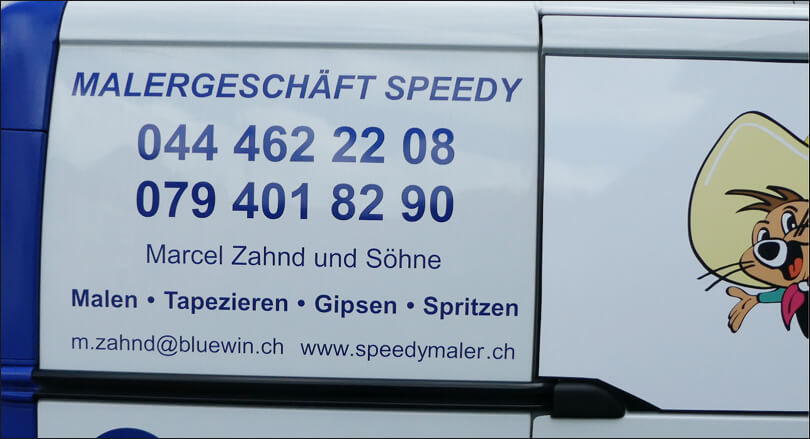 Malergeschäft Speedy -Autobeschriftung - Aussenbeschriftung - Maler - Zahnd - RIESEN PRINTMEDIA - Adliswil - Zürich