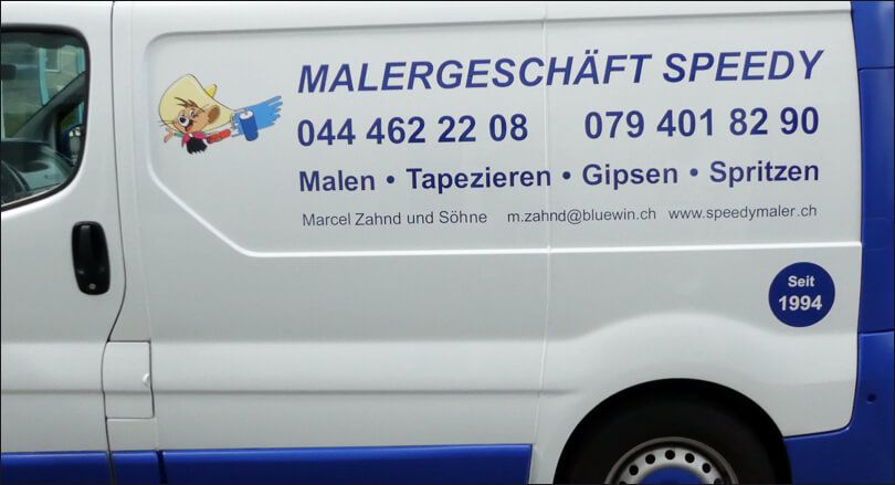 Malergeschäft Speedy -Autobeschriftung - Aussenbeschriftung - Maler - Zahnd - RIESEN PRINTMEDIA - Adliswil - Zürich